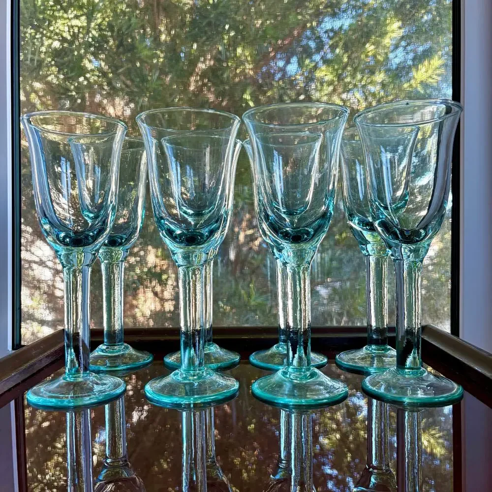 Vintage Set of 8 Aqua Green Tint Hand Blown Wine Glasses Water Goblets